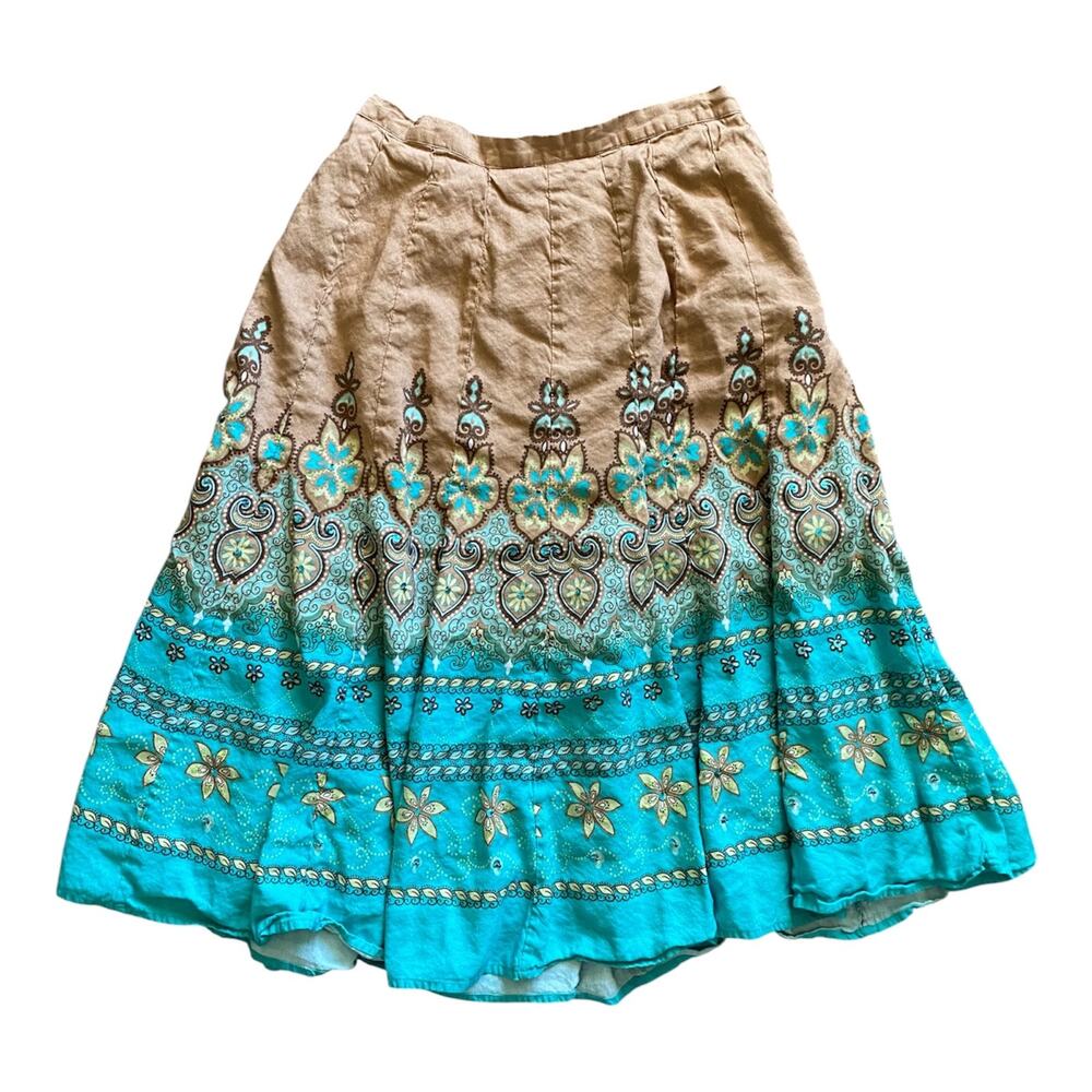 Coldwater Creek Colorful Boho Linen Blend Floral Sequin Bead Midi Skirt- Size M